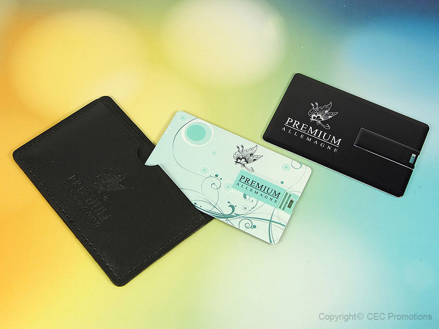 USB-Karte mit Lederetui und Logo-Prägung
