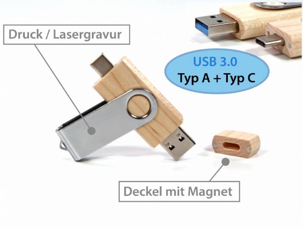 NatureTwister Dual USB-Stick aus Holz, herausdrehbar