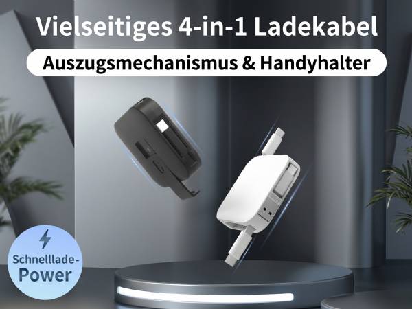 Vielseitiges 4-in-1 Ladekabel mit Auszugsmechanismus und integriertem Handyhalter für schnelles Aufladen.