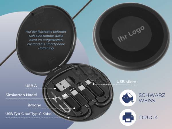 Adapter-Set in schwarzem Gehäuse mit USB A, USB Micro, iPhone-Stecker und Typ-C-Kabel, ideal für Smartphones.