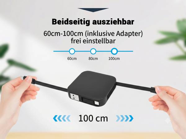 Beidseitig ausziehbares USB-Ladekabel für Smartphones, individuell einstellbar von 60cm bis 100cm, inklusive Adapter.