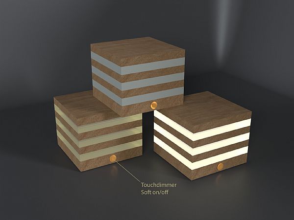 Dimmbare Cubusleuchte aus Holz