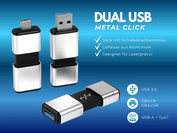 Schiebe Dual USB Metal Click mit Logo bedruckbar - robust und günstig!