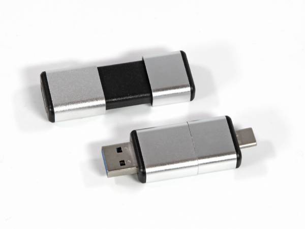 Schiebe Dual USB Metal Click mit Logo bedruckbar - robust und günstig!
