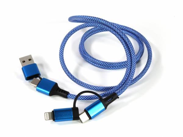 Ladekabel mit drei Anschlüssen, in blauer geflochtener Optik, ideal für verschiedene Geräte und Marken.