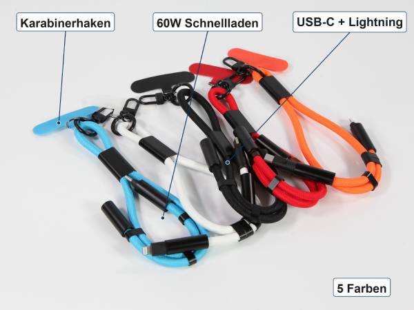 Ladekabel mit Karabiner: Karabinerhaken, 60 Watt Schnellladen, USB-C und Lightning, 5 Farben