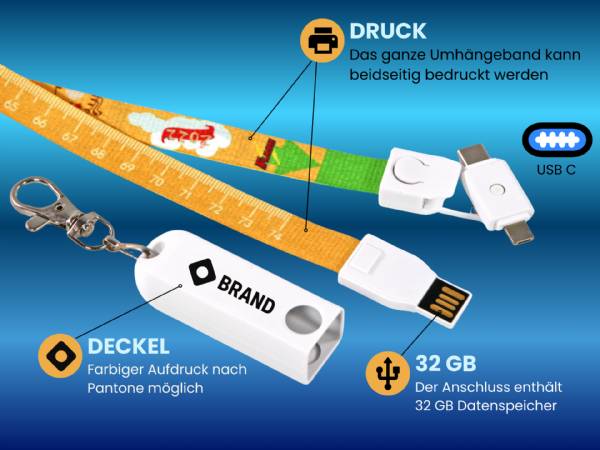 Lanyard & Ladekabel in einem, 80 cm Druckfläche, beidseitig, vollflächig + 32 GB Speicher integriert