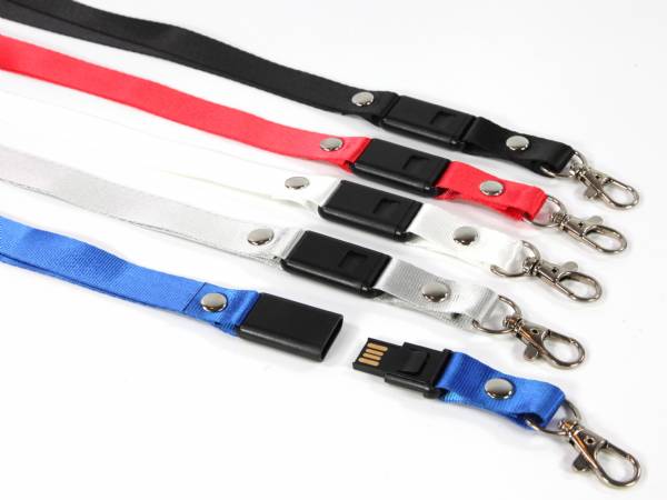 Lanyards in verschiedenen Farben mit integrierten USB-Sticks und Platz für individuelle Drucke. Ideal für Events und Werbung.