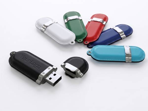 Edler USB-Stick aus Leder, weißes Leder mit Aufdruck als Werbegeschenk
