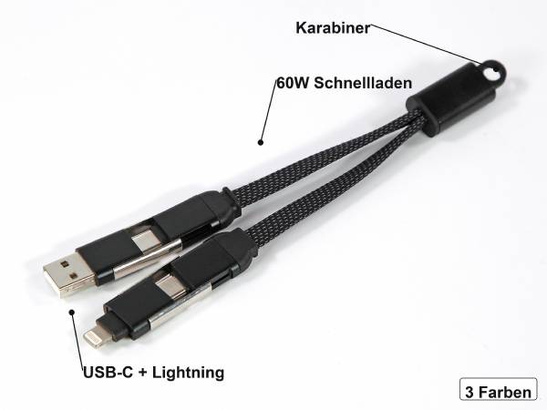 Mini-Ladekabel mit Karabiner: Karabiner, 60W Schnellladen, USB-C und Lightning, 3 Farben