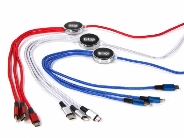 Mehrfarbiges 3-in-1 Ladekabel mit individualisierbarem Logo-Bereich für Werbezwecke und praktische Nutzung.