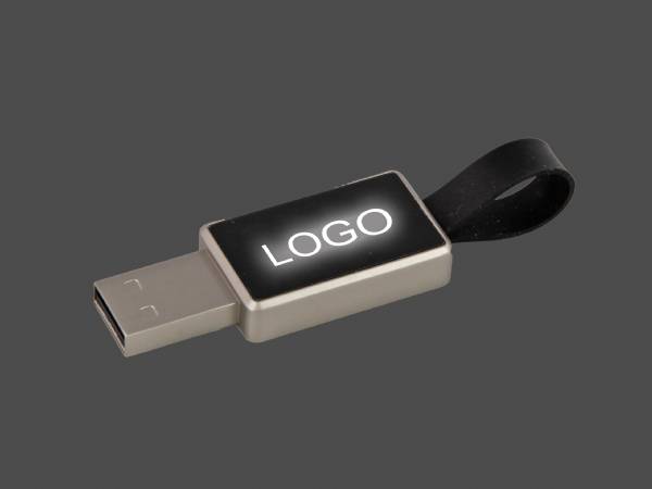 LED USB-Stick aus Metall mit Gummiband und Leuchteffekt, idealer Werbeartikel