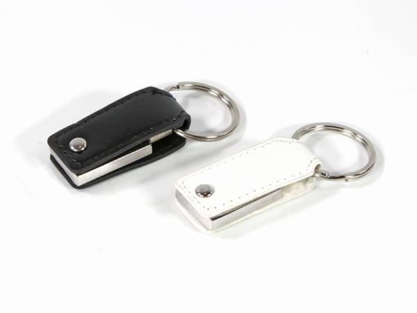 USB-Stick im Lederdesign in Schwarz und Weiß, ideal für personalisierte Werbung mit Logo.
