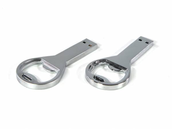 USB-Stick im stilvollen, silbernen Design mit praktischem Schlüsselanhänger und Platz für individuelle Logo-Drucke.