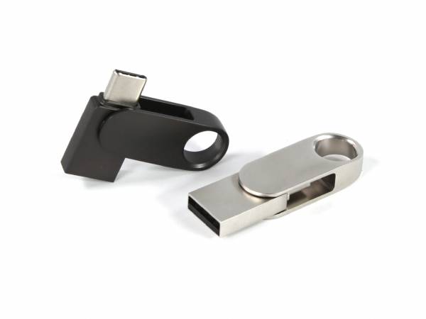 Hochwertiger USB-Stick mit drehbarem Gehäuse in Schwarz und Silber, ideal für individuelle Bedruckung.