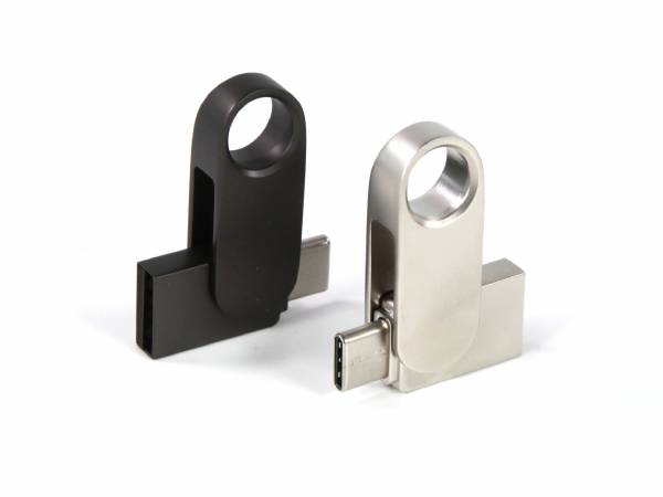 USB-Stick im modernen Design mit schwarzem und silbernem Gehäuse, ausgestattet mit verschiedenen Anschlüssen für vielseitige Nutzung.