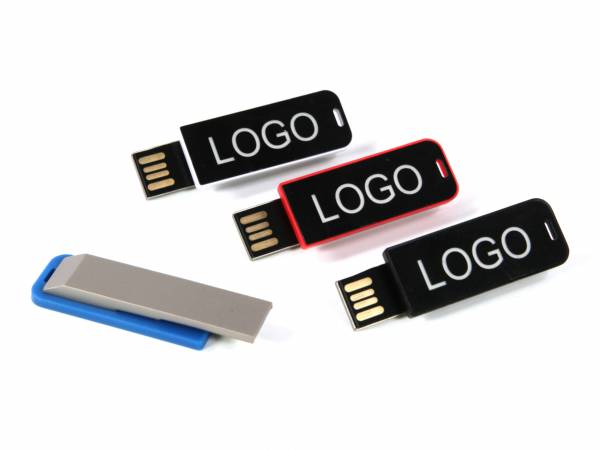 USB-Sticks in verschiedenen Farben mit Platz für individuelle Logo-Drucke und praktischem Design.