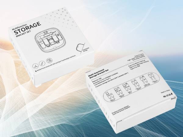Multifunktionales Speicherbracket-Set in kompakter Verpackung mit verschiedenen Anschlussmöglichkeiten für mobile Endgeräte.