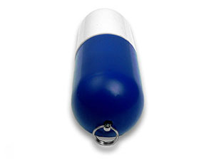 USB-Stick in Kapsel-Form mit blauem und silbernem Gehäuse, ideal für individuelles Branding durch ein Firmenlogo.