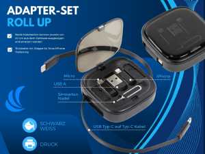 Adapter-Set „Roll Up“ mit verschiedenen Kabeln, inkl. Micro, USB-A, iPhone und USB-C, in praktischem Gehäuse.