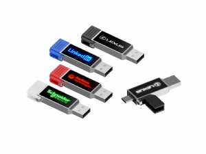 USB-Sticks in verschiedenen Farben mit beleuchtetem Logo-Bereich für individuelle Werbeanpassung.
