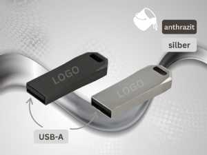 USB-Sticks in Anthrazit und Silber mit Platz für individuelle Logo-Gestaltung und USB-A Anschluss.