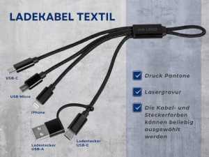 Ladekabel mit verschiedenen Anschlüssen (USB-C, USB Micro, iPhone) und individuellem Logo-Design.