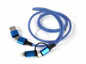 Ladekabel mit drei Anschlüssen, in blauer geflochtener Optik, ideal für verschiedene Geräte und Marken.