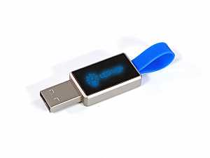 USB-Stick mit elegantem Gehäuse, blauer Schlaufe und individuell bedruckbarem LED-Logo-Bereich.