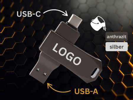 Duale USB-Sticks mit USB-A und Typ-C Anschluss, individuell mit Logo bedruckbar.