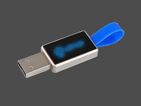 LED USB-Stick aus Metall mit Gummiband und Leuchteffekt, idealer Werbeartikel