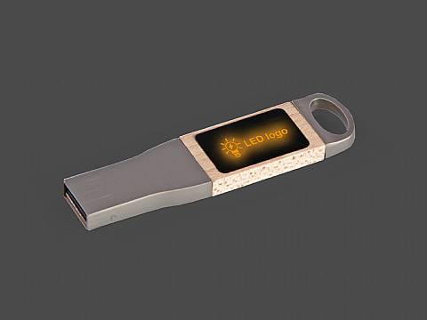 LED USB-Stick aus Metall und Holz mit Leuchteffekt, idealer Werbeartikel