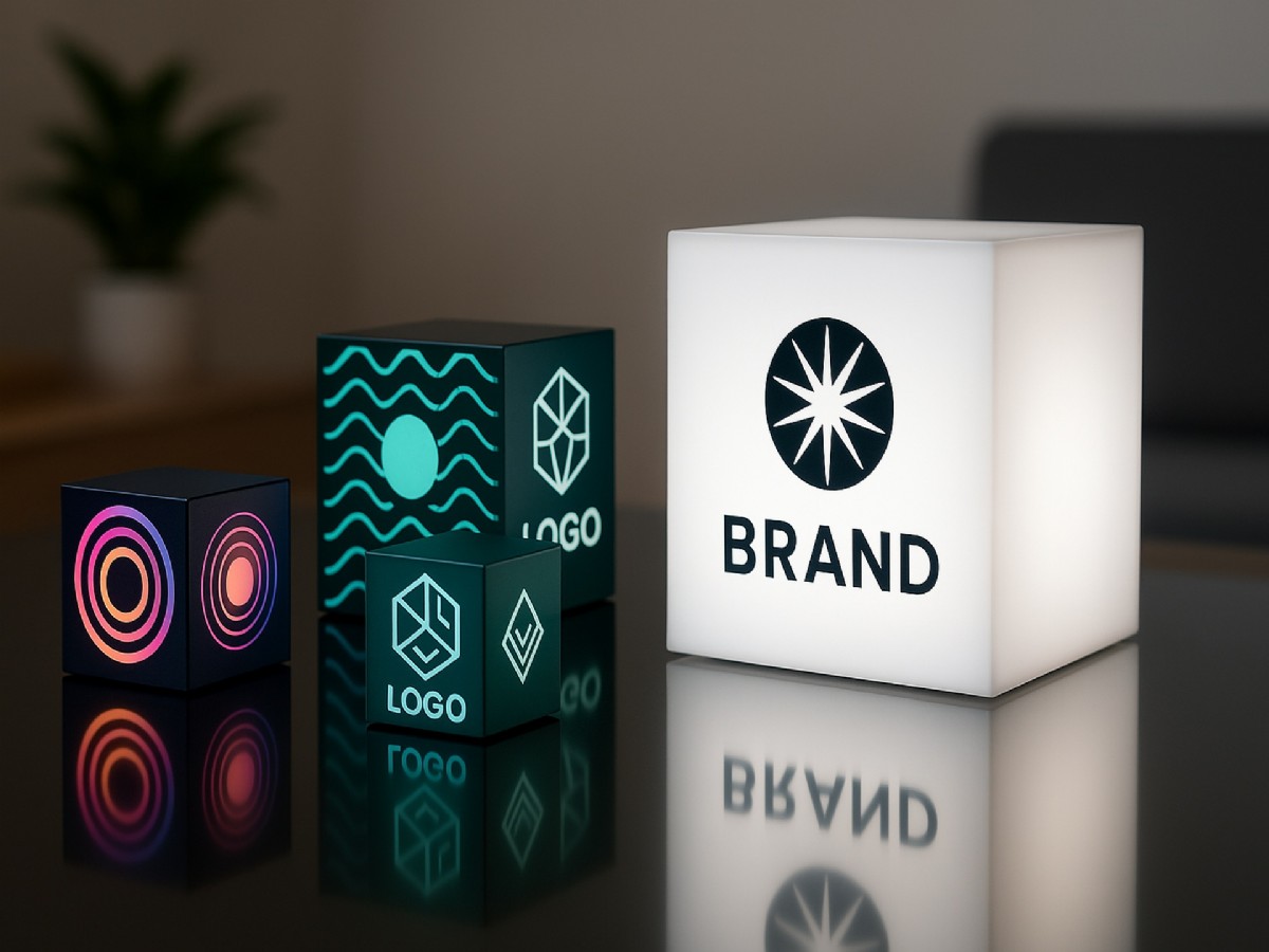 Leuchtende LumoCubes LED-Würfel in Blau und Pink