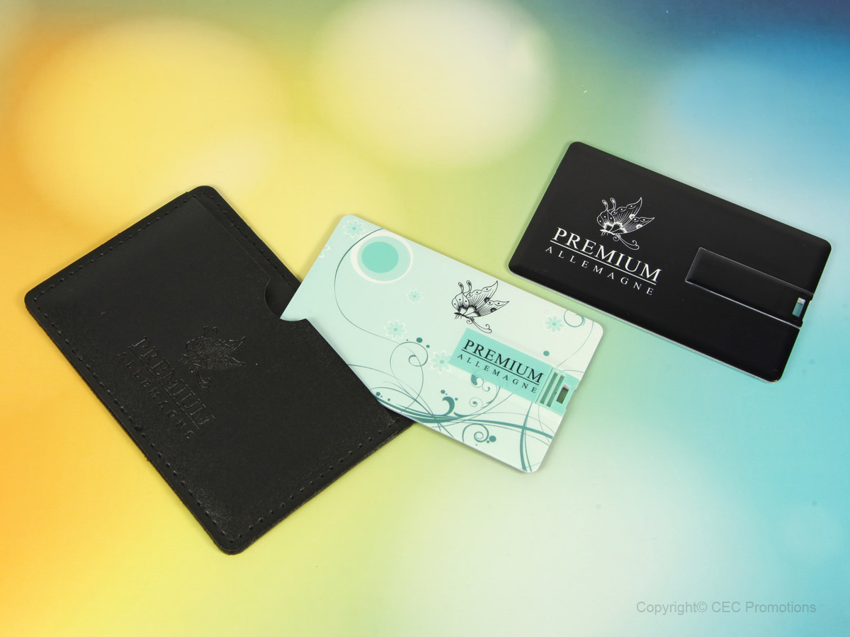 USB-Karte mit Lederetui und Logo-Prägung