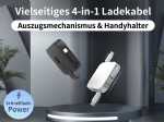 Vielseitiges 4-in-1 Ladekabel mit Auszugsmechanismus und integriertem Handyhalter für schnelles Aufladen.