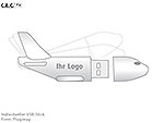 USB-Stick in Flugzeugform mit Platz für individuelles Logo, ideal für Werbezwecke und kreative Präsentationen.