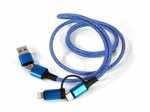 Ladekabel mit drei Anschlüssen, in blauer geflochtener Optik, ideal für verschiedene Geräte und Marken.