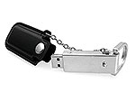 USB-Stick mit metallischem Gehäuse und schwarzer Kappe, ideal für individuelles Branding und Werbezwecke.