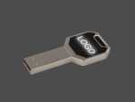 USB-Stick in schickem Schlüssel-Design mit schwarzer Fläche für individuelles Logo, ideal für Werbezwecke.