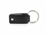USB-Stick mit schwarzem Lederetui und Schlüsselring, ideal für individuelles Branding und Präsentationen.