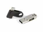 Hochwertiger USB-Stick mit drehbarem Gehäuse in Schwarz und Silber, ideal für individuelle Bedruckung.