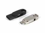 USB-Stick im doppelten Design mit schwarzem und silbernem Gehäuse, ideal für individuelle Logo-Drucke.
