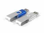 USB-Sticks im eleganten Blau und Silber, mit drehbarem Gehäuse und Platz für individuelle Bedruckung.
