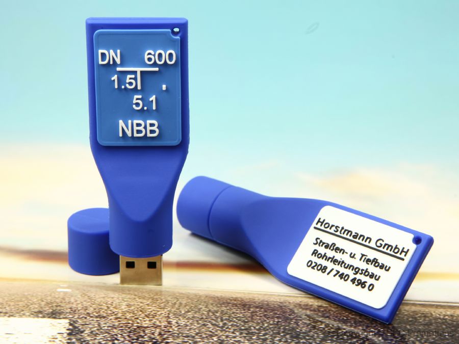 Blauer USB Stick Schild Wasserversorgung Werbegeschenk