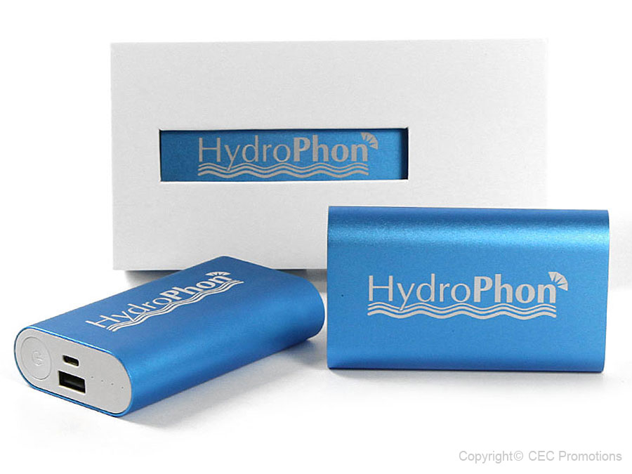 Hydrophon gravur logo blau metall power akku batterie