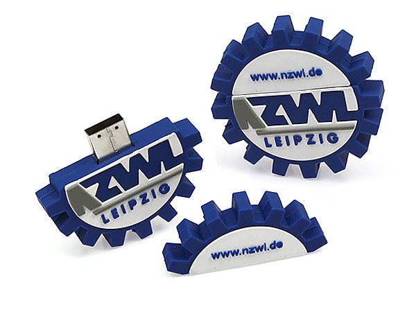 ZWL Leipzig, Zahnrad, USB-Stick, sonderform, Freiform, individuell, blau, Logo als USB Stick
