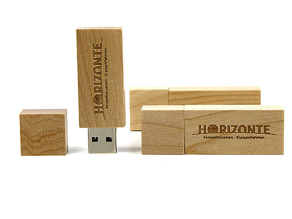 Holz USB-Stick mit Gravur, logo, horizonte, klassenfahrt, giveaway graviert
