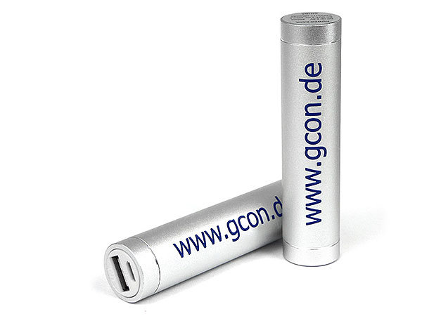 gcon powrebank mobiler akku tube silber bedruckt logo aufdruck power bank usb ladegerät