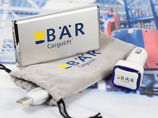 Bär Powerbank USB Car Chager logo druck set samt säckchen textilbeutel