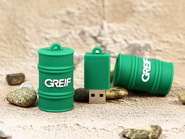 fass ölfass als usb stick greif werbeartikel gruen mit logo